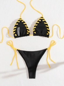 SHEIN Swim Women's Stylish Yellow Drawstring Two-Piece Bikini Set Summer Beach