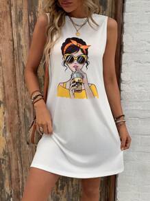SHEIN LUNE 休閑夏季卡通角色印花無袖連衣裙 - 白色 - 查看 1