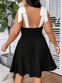 Celure Đầm nơ đeo vai cổ điển màu đen và trắng thời trang mùa hè cỡ lớn cho nữ - Đen và trắng - Xem 2