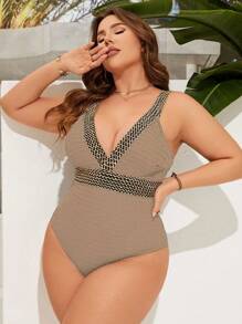 SHEIN Swim Curve Summer Plus Size One-Piece Swimsuit Made Of Special Fabric - Brown - View 5