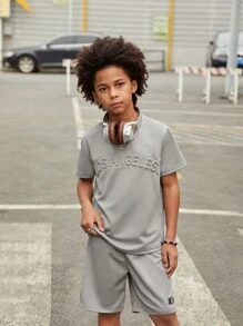 SHEIN 2pcs/Set Tween Boys' Letter Patch T-Shirt With Plaid Detailing Shorts Casual Outfits - Dark Grey - View 3