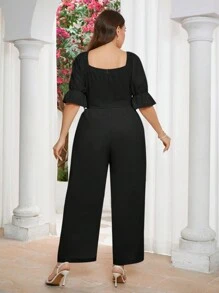SHEIN Privé Plus Size Women's Stylish Halter Neck With Ruffle Sleeves And Half Pants Jumpsuit For Summer - Black - View 2