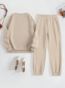 INAWLY Women's Solid Color Round Neck Pullover Long Sleeve Top And Drawstring Pants 2pcs/Set - Apricot - View 2