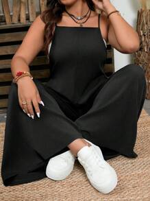 SHEIN LUNE 大码纹理方领阔腿连体裤，休闲居家户外穿着