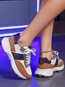 2024 New Women's Retro Chunky Sneakers, Round Toe, Thick Sole, Lace-Up, Colorblock, Breathable - Multicolor - View 3