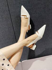 Fashionable Simple Style Pointed Toe Chunky Heeled Women's Flat Shoes With Decorative Strap Valentines