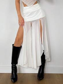 SHEIN ICON Women's Ruched Asymmetrical Hem Slim Fit Long Skirt - White - View 1