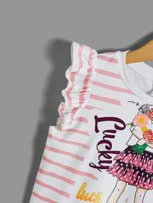 SHEIN 青少女條紋休閒t恤,設有褶邊細節,夏季必備 - 粉色 - 查看 4