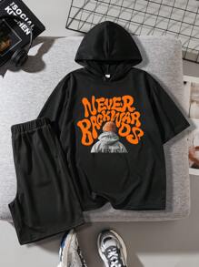 Teen Boy's Casual Character & Letter Print Short Sleeve Hooded T-Shirt And Shorts 2pcs Set For Summer - Black - View 1