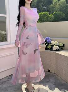 DAZY 全印花蝴蝶结情人节粉色扎染渐变长袖连衣裙，女式，荷叶边，返校服，秋季连衣裙