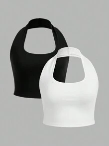 Comfortcana Bộ 2 áo hai dây cổ yếm dáng ngắn màu đen trắng dành cho nữ cỡ lớn. - Đen và trắng - Xem 1