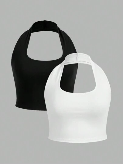 Comfortcana 2件套加大码女式黑白休闲露脐吊带背心