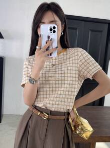 DAZY Women's Fashion Plaid Short Sleeve T-Shirt - Mustard Yellow - View 3