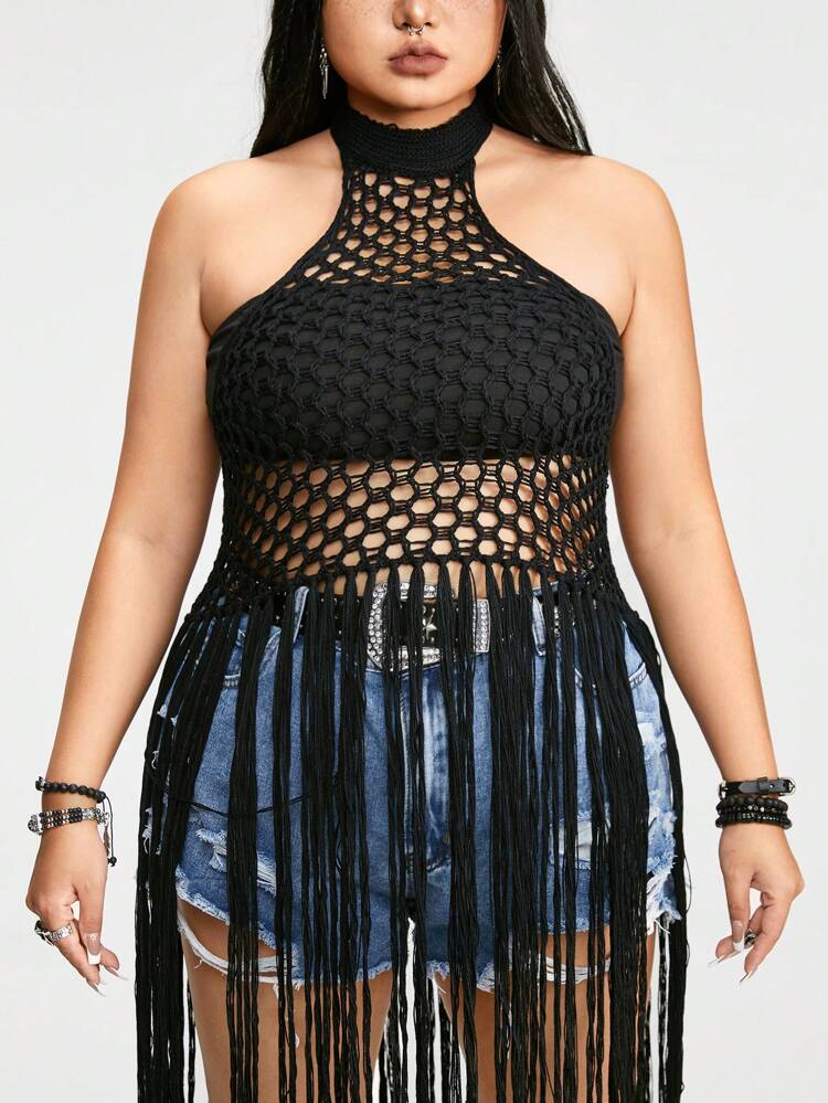 Plus Size Summer Crochet Gothic Western Punk Style Slim Fit Fringe Halter Knitted Top