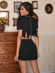 JEE Designer Women's Contrast Binding Lapel Collar Crop Top And Skirt Two Pieces Set, For Summer, Holiday, Vacation, Going Out, Festival, Ibiza Fits - Black - View 2