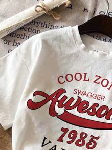 SHEIN EZwear 休闲“Awesome 1985”图案圆领短袖修身 T 恤女士款，适合夏季 - 白色 - 查看 3