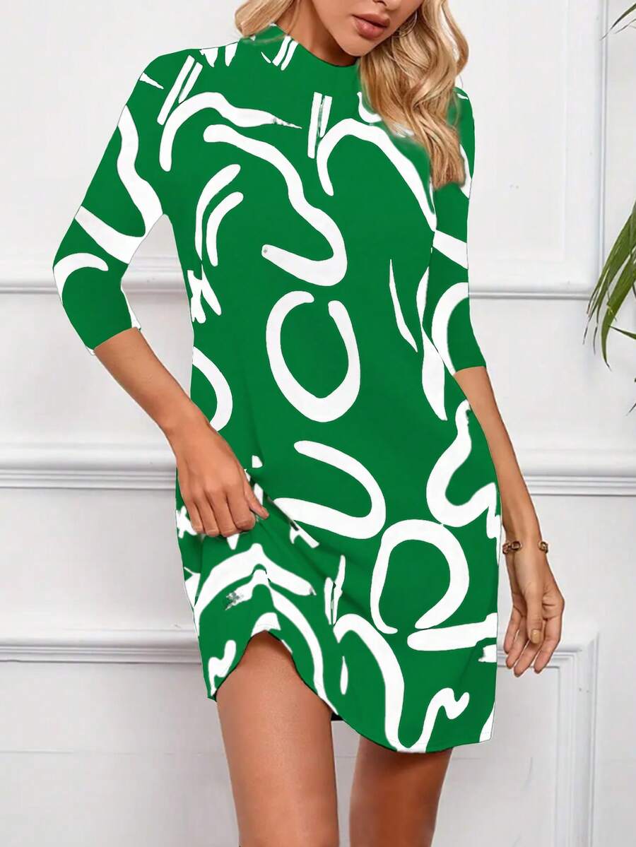 Women 3/4 Sleeve Patterned Printed Casual Midi Dress, Versatile For Commuting,Spring/Summer New Arrival - Green - View 1