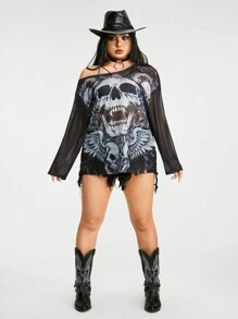 ROMWE Grunge Punk Kích thước lớn Của phụ nữ Gothic Nhạc Punk Rock Lễ hội In Đầu lâu mỏng Thả vai Áo - màu đen - Xem 3