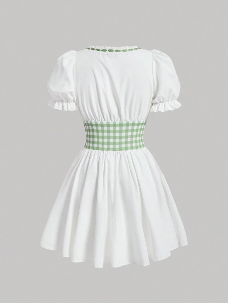 Women's Belted Plaid Patchwork Short Puff Sleeve Dress