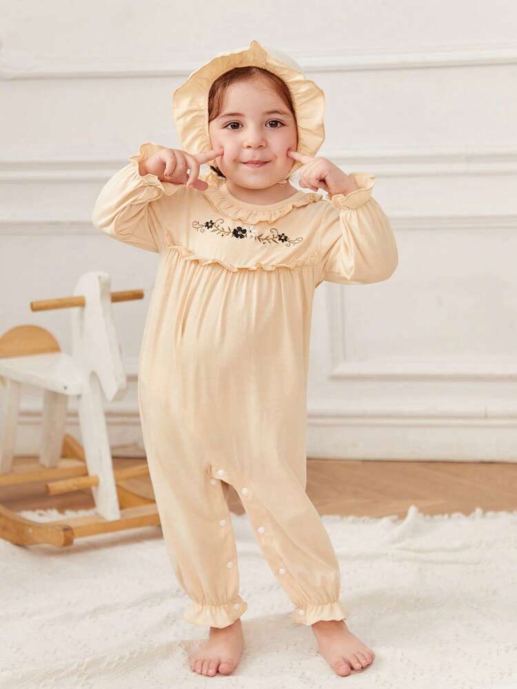 Baby Girl Apricot Simple Style Flower Embroidered Long Sleeve Jumpsuit Home Wear