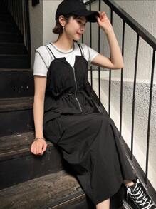 FRIFUL 春夏季抽绳腰拉链半襟翻盖口袋吊带连衣裙太阳裙 - 黑色 - 查看 8