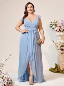 SHEIN Belle Vestido de dama de honor para bodas, eventos escolares, festivales de música y verano, de talla grande, con diseño de cuello en V, plisado, borde asimétrico con abertura, espalda en forma de U, de material de gasa suave y agradable para la piel, en color azul elegante y romántico - Azul - Ver 7