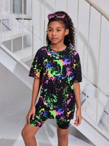 SHEIN Tween Girl 2pcs/Set Colorful Inkjet Pattern Short Sleeve T-Shirt And Shorts Casual