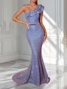 ADYCE Women's One-Shoulder Ruffle Sequin Solid Party Dress - Grey - View 4