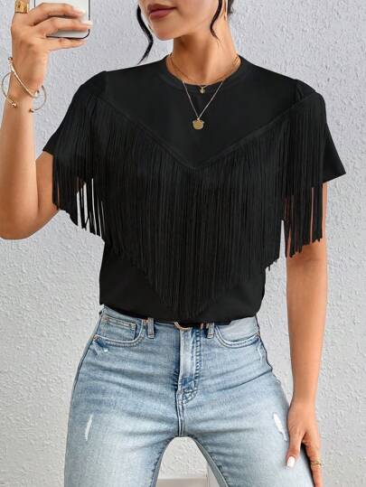 Chiquease Women's Summer Fashion Solid Color T-Shirt With Tassel Design