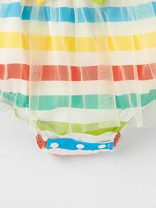 Baby Girl's Striped Cartoon Caterpillar Printed Bodysuit With Mesh Ruffle Trimmed Straps, Spring/Summer - Multicolor - View 5