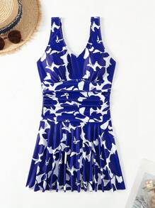Swim Lushoire Summer Beach V-Neck Dress Swimsuit, Random Print Swim Dressblue Floral Dress