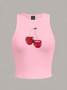 SHEIN EZwear 粉色短款休閒櫻桃圖案圓領修身女背心，適用於夏季 - 粉色 - 查看 4