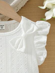 SHEIN Young Girl's Solid Color T-Shirt With Bow Decoration And Ruffle Hem For Summer - White - View 4