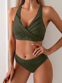 SHEIN Swim 夏季純色v領荷葉邊比基尼套裝 - 綠色 - 查看 5