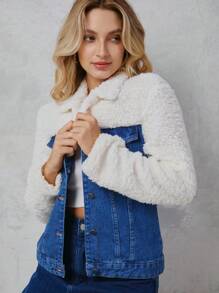 SHE(IN) BRASIL 拼接絨毛翻蓋細節牛仔夾克 - 深色水洗藍 - 查看 6