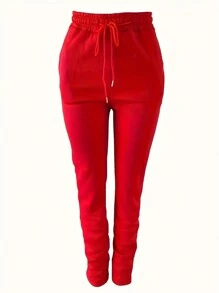 INAWLY 女士純色束口腰運動長褲 - 紅色 - 查看 3