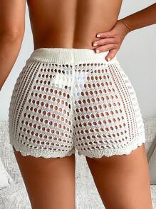 SHEIN Swim Women's Crochet Solid Color Drawstring Hollow Out Beach Cover Up Shorts Set For Summer,Summer Beach - Beige - View 2