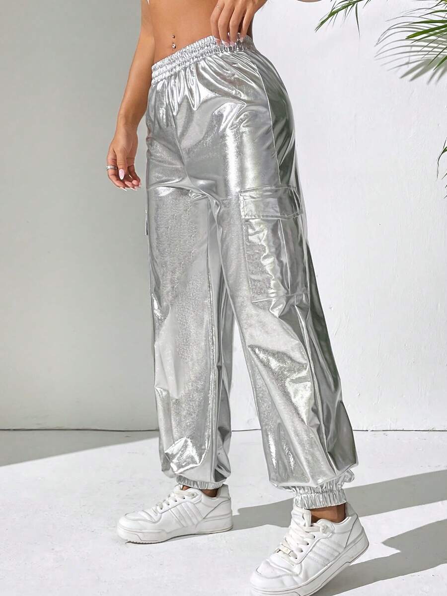 SHEIN PETITE Pu Flip Cover & Cargo Pockets Design Elastic Cuff Trousers - Silver - View 1