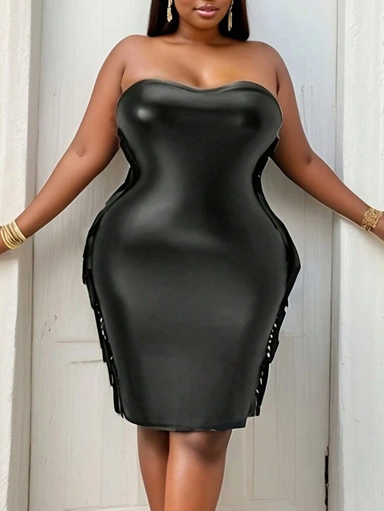 Plus Size, Bodycon, Strapless Dress With Tassel Decoration