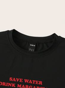 SHEIN Unity 女士夏季短袖短款上衣，带标语印花和圆领，节约用水，喝玛格丽塔酒 - 黑色 - 查看 4