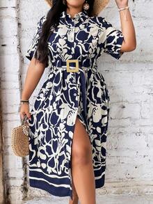 SHEIN Holidaya 大尺碼女式夏季度假風格花卉印花短袖襯衫連衣裙 - 藏蓝色 - 查看 4