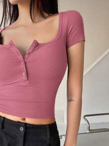 DAZY Women's Summer Solid Color Half Placket Slim Fit Cropped T-Shirt Cute Tops - Hot Pink - View 4