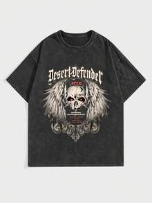 ROMWE MEN Grunge Punk Men's Skull & Letter Print Drop Shoulder Tee - Black - View 1