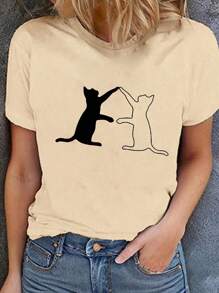 SHEIN LUNE 女士貓咪印花圓領短袖t恤 - 杏色 - 查看 1