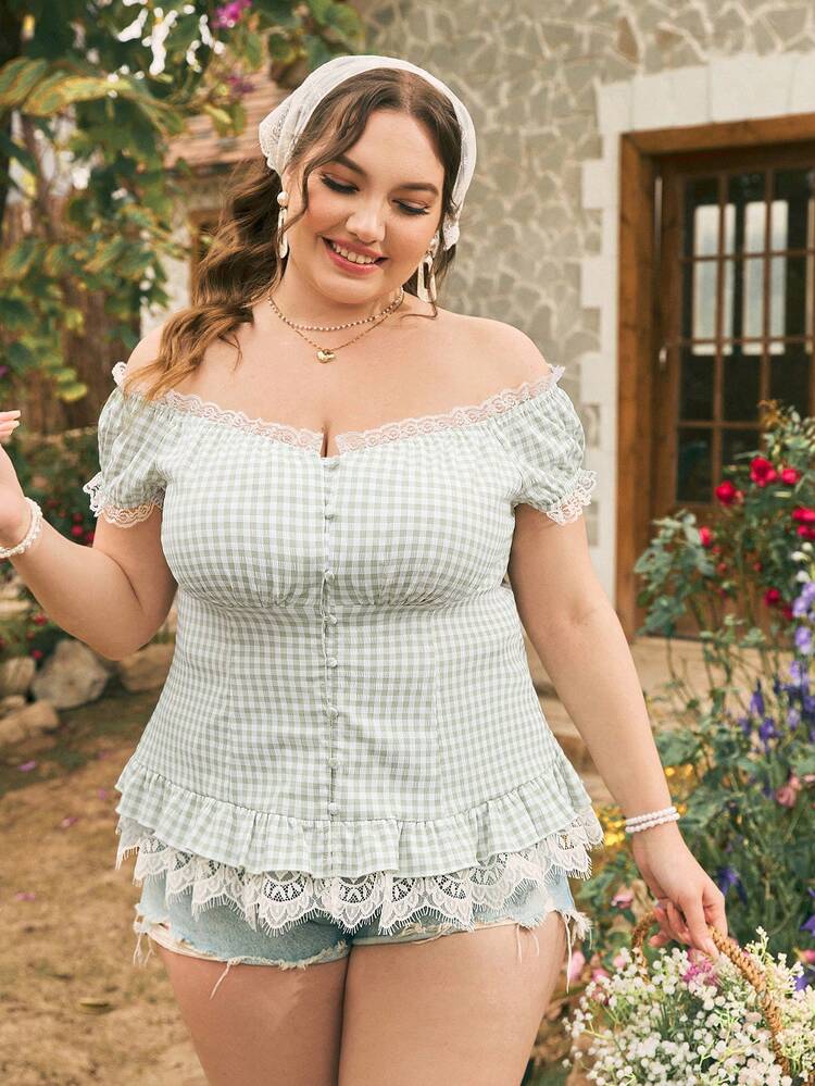 Plus Size Summer Vacation Romantic Plaid Lace Trim Back Tie Blouse With Flower Border Beach Essentials   Beach Women Dresses Best Sellers Camo  Babydoll   Green Prom Dress Funny Shirts Picnic Country Shirts   Country Festival Outfits Country Concert Going Out Tops Women Shirts Short Summer Dress
 Cute Summer Dresses