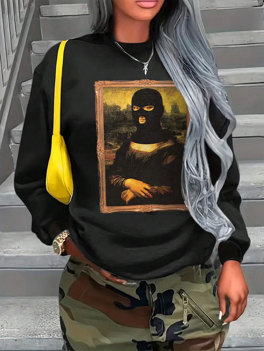 SHEIN EZwear Của phụ nữ Vui In Vòng cổ Áo nỉ - màu đen - Xem 1