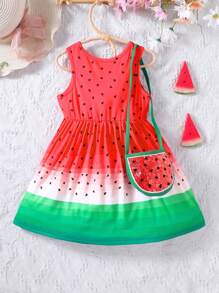 SHEIN Young Girls' Cute Watermelon Printed Ombre Sleeveless Dress With Bag, Summer