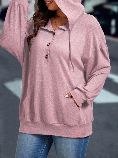 Plus Size Women's Loose-Fit Sweatshirt With Button Half-Placket, Drop-Shoulder And Long Sleeves, Spring And Autumn Graduation,Back To School,Teacher Pullover Fall Winter