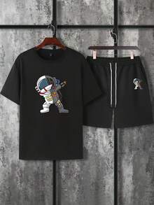 Manfinity Homme 男士加大碼夏季休閒宇航員印花短袖t恤和束口短褲 - 黑色 - 查看 7