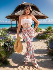 SHEIN SXY 波西米亞風格海灘女士花卉印花喇叭褲,夏季假期必備單品 - 彩色 - 查看 1